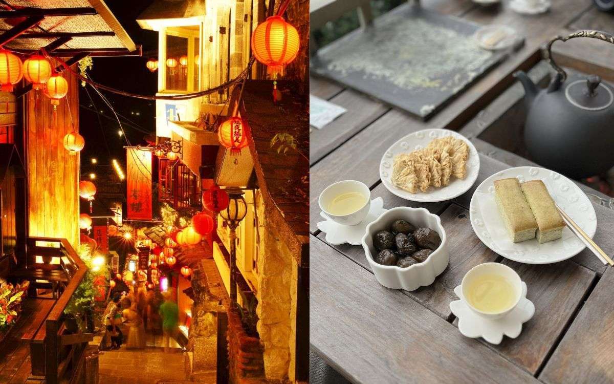 九份の山腹に広がる茶楼と提灯が灯る夕暮れの景色