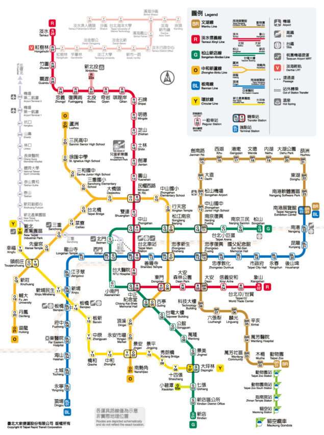 台北の宿泊エリアをMRT路線別に示した分布図