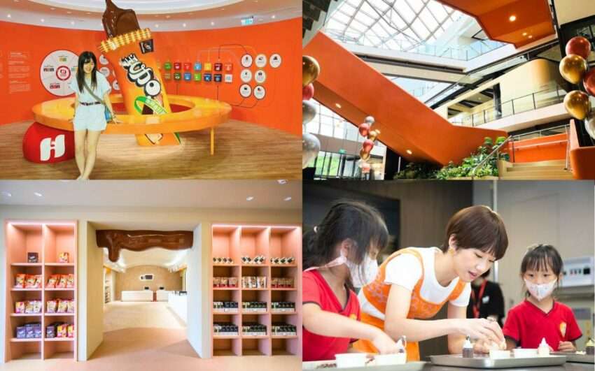桃園 室内観光 77チョコレート共和国の展示エリア。各種チョコレート製品とブランドの歴史的資料が並ぶ