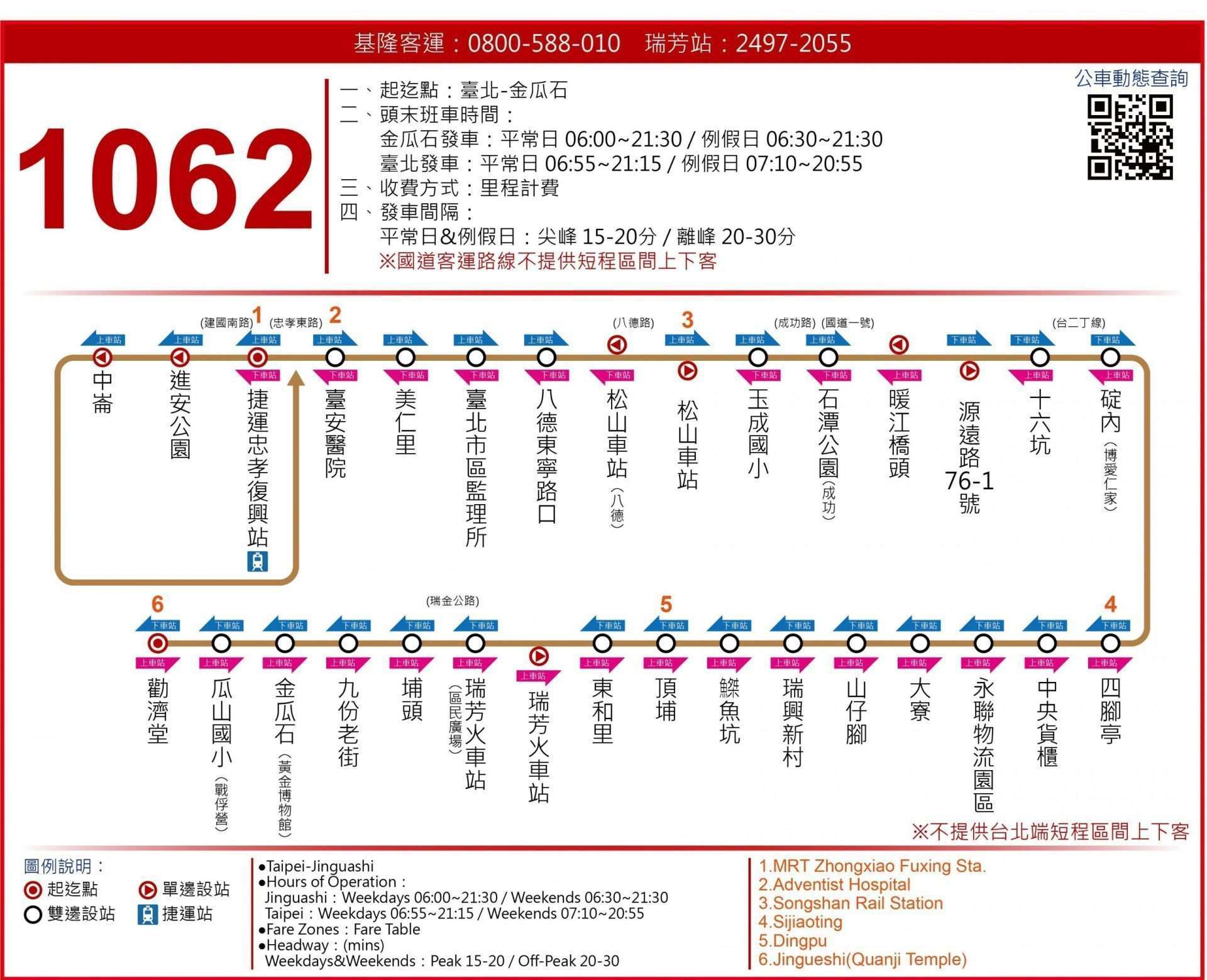 1062番バスの車両。MRT忠孝復興駅や台鉄松山駅から九份老街へ向かうバス路線。