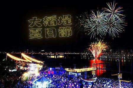 同イベント ドローンショーのイメージ写真。夜空に光のパターンを描くドローン群