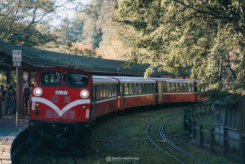 阿里山森林鉄道の車両が駅を出発する場面