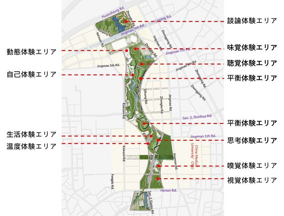台中中央公園の園内案内板と各感覚体験エリアへの誘導サイン