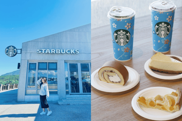 スターバックス福隆シービュー店の外観と海景。旅行者が海辺でコーヒーを楽しんでいる