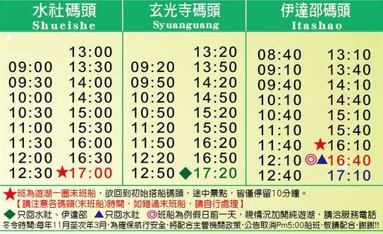 日月潭遊覧船の時刻表と便数情報の掲示板