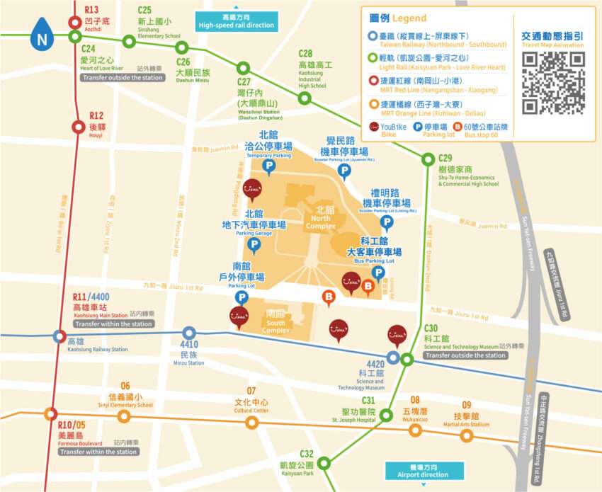 科工館周辺の地図。台鉄科工館駅の位置と徒歩ルートを示している