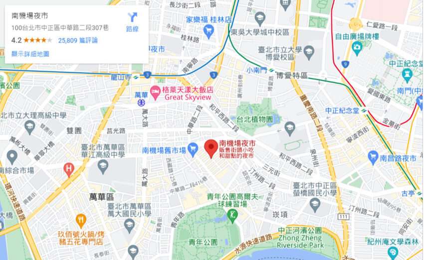 南機場夜市周辺の地図イメージ。夜市とMRT駅の位置関係を示す