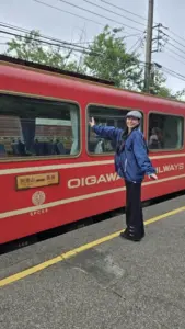 阿里山森林鉄道本線の列車が駅に停車している様子