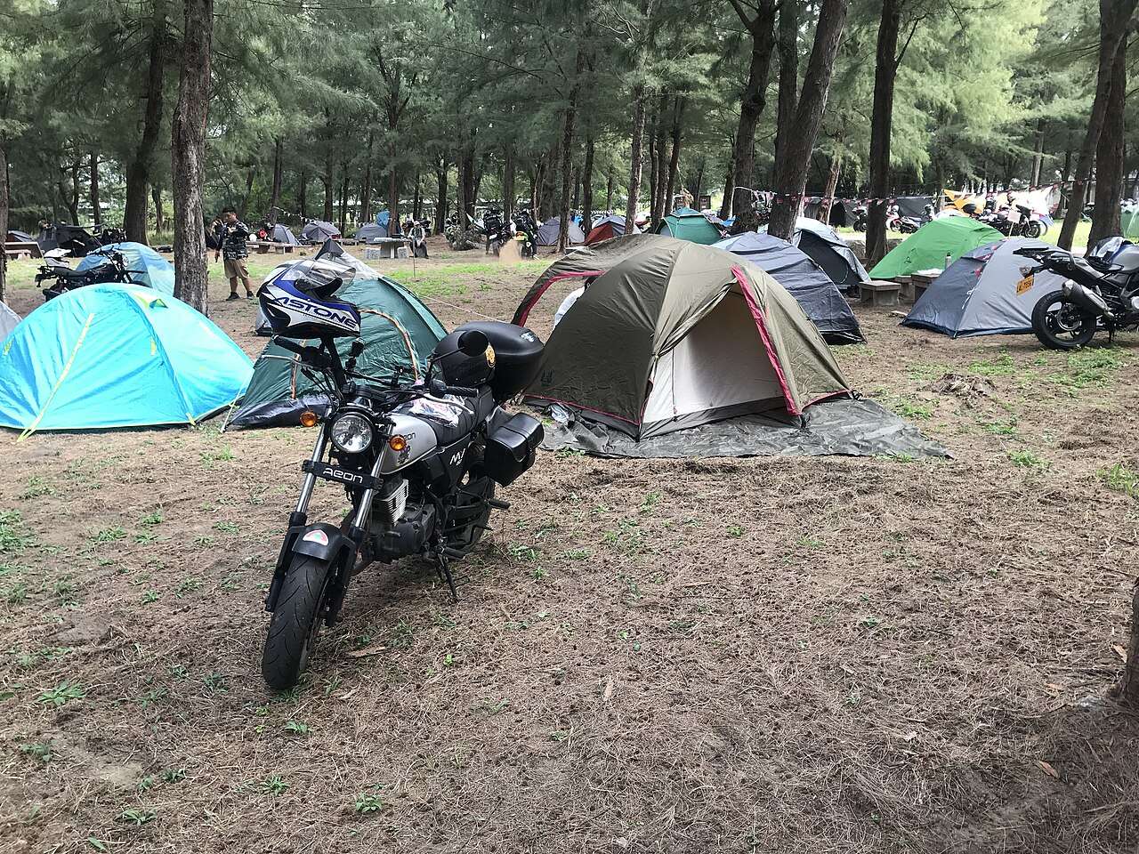 砂浜に並ぶバイクとキャンプテント。フェスティバルの雰囲気が漂う