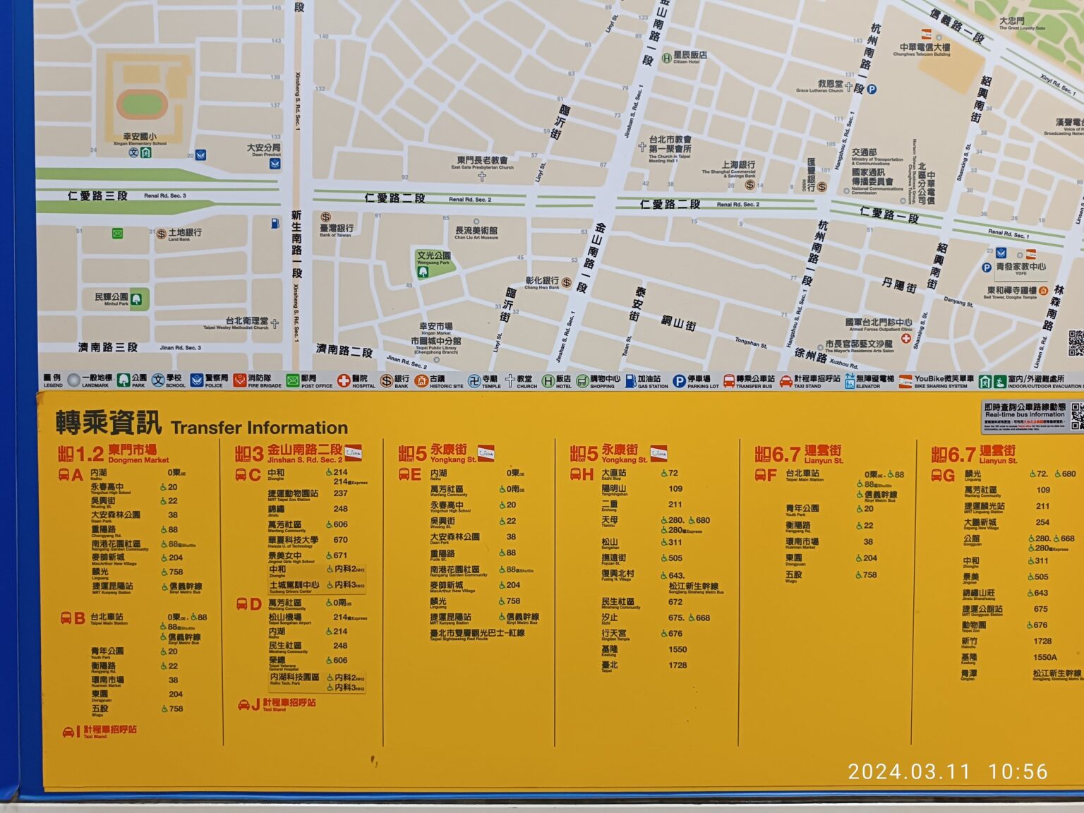 台北MRT東門駅の乗り換え案内板。漢字と英語の併記で日本人にも読み取りやすい