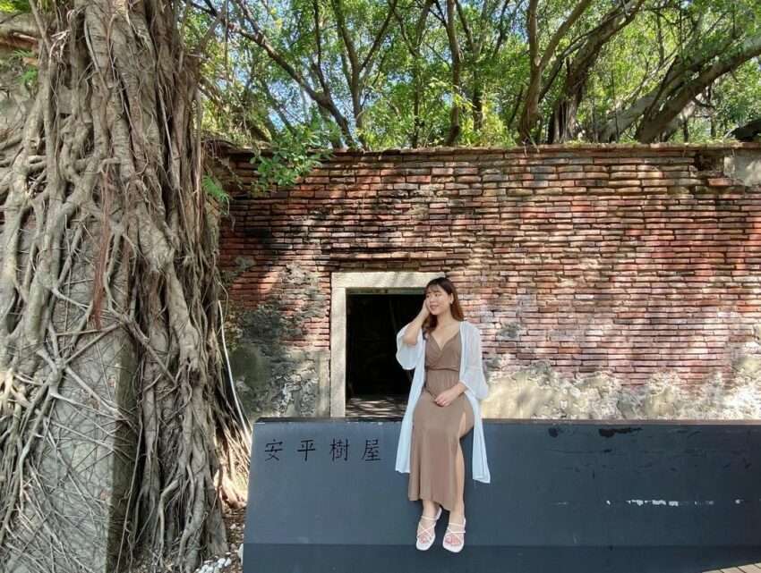 安平樹屋の古い倉庫建築をガジュマルの根が覆い、天井の隙間から光が差し込む独特の空間