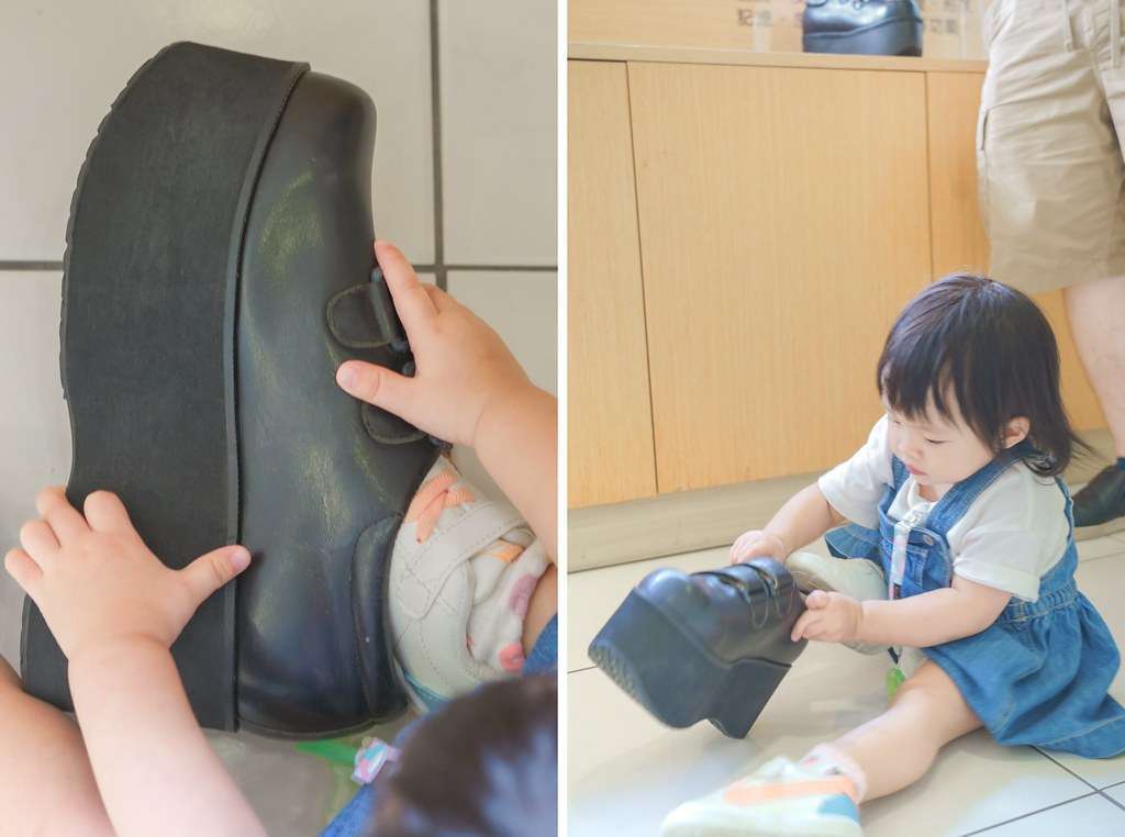 鞋寶觀光工廠のシューズペインティングDIY体験。子どもが白いキャンバスシューズに絵の具で絵を描いている