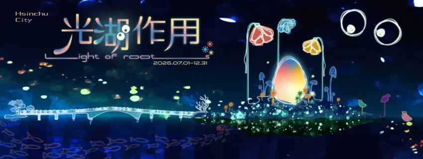 新竹市チンツァオ湖の湖面ライトアップアート。夜間に光が水面に映し出されている様子