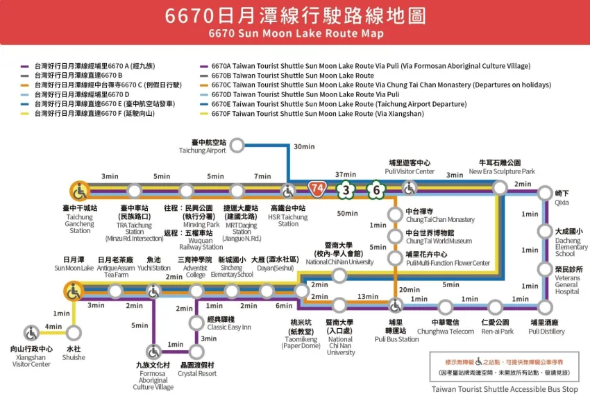 台湾好行 日月潭線A〜F線の路線図。各線の停車駅が示されている