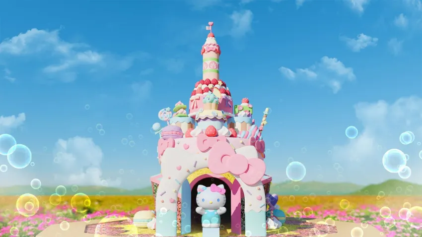 2026新社花海のメインフラワーカーペット「蜜糖奇遇 Sweet Harmony」のショー。ハローキティ造形の花毯にスモークとシャボン玉の特効が重なる