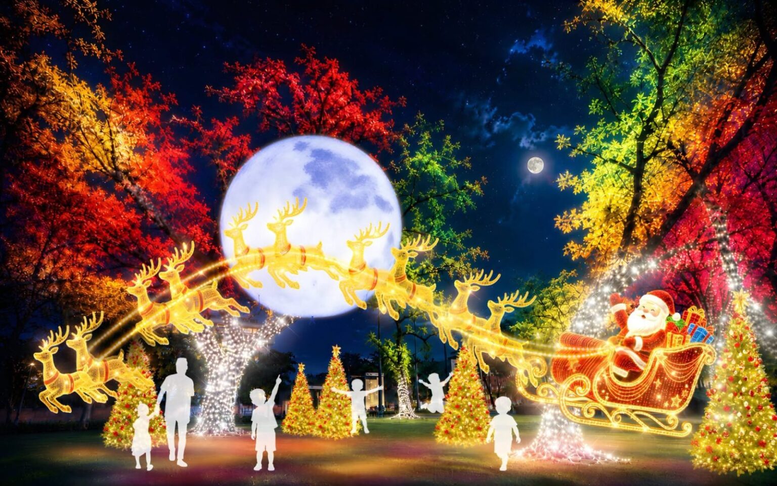 屏東クリスマスの月光童話エリア。トナカイと月明かりが夜景をつくる